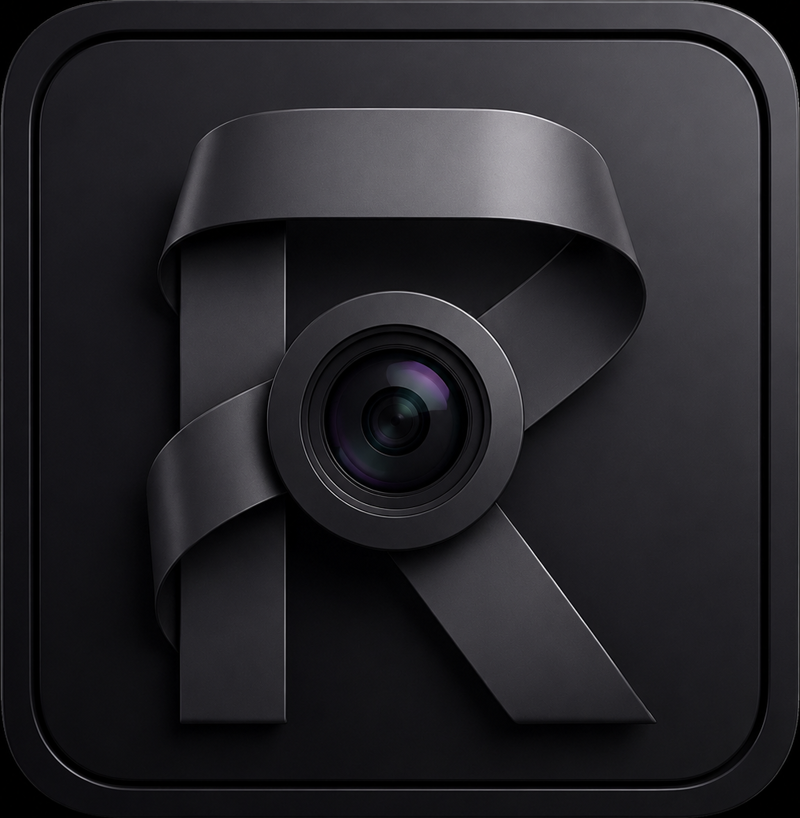 RichInFocus logo, the letter R wrapped in film with a camera lens at its centre